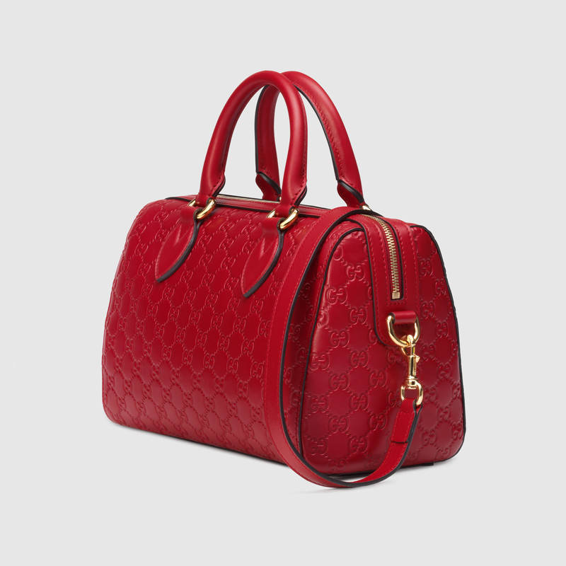453573 Gucci Signature 柔軟質地 皮革 手提包 波士頓包 芙蓉紅