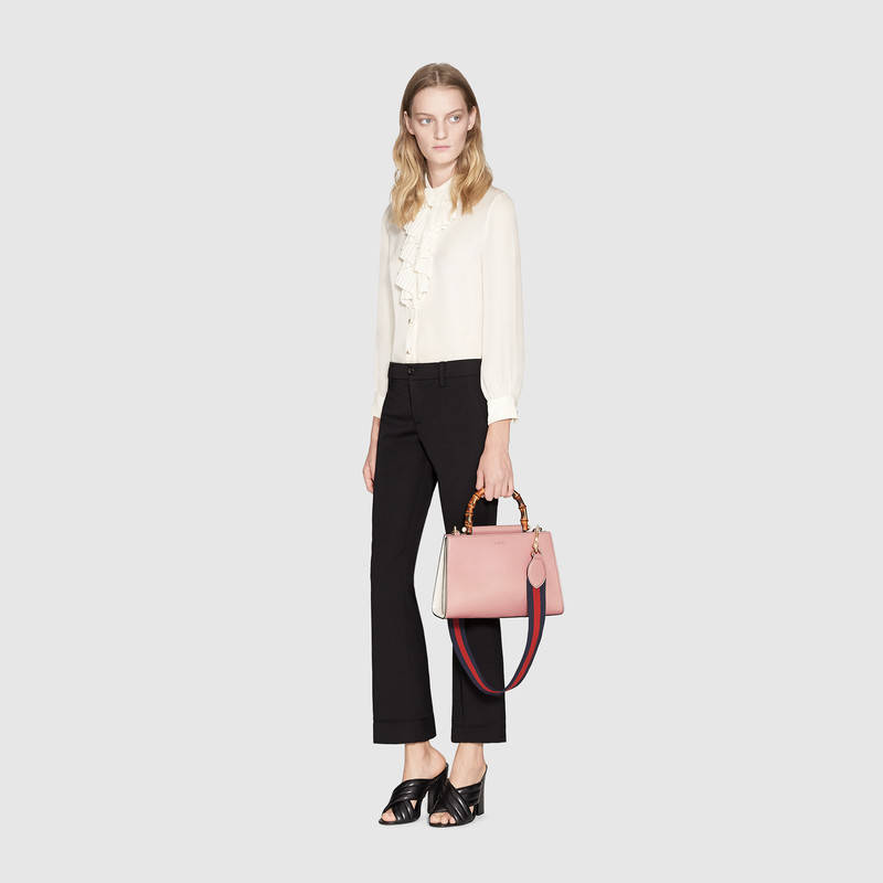 459076 Gucci Nymphaea 系列 皮革 織帶肩帶 竹節提手 手提包 淺粉色