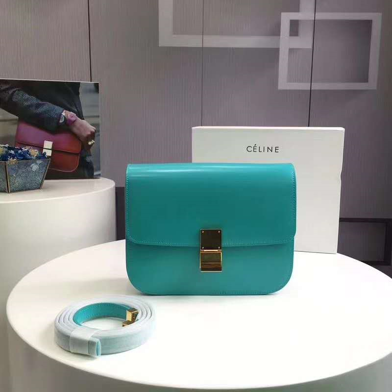 賽琳Celine box女包 賽琳豆腐包 Celine CLASSIC中號 單肩斜挎包 蒂芙尼藍