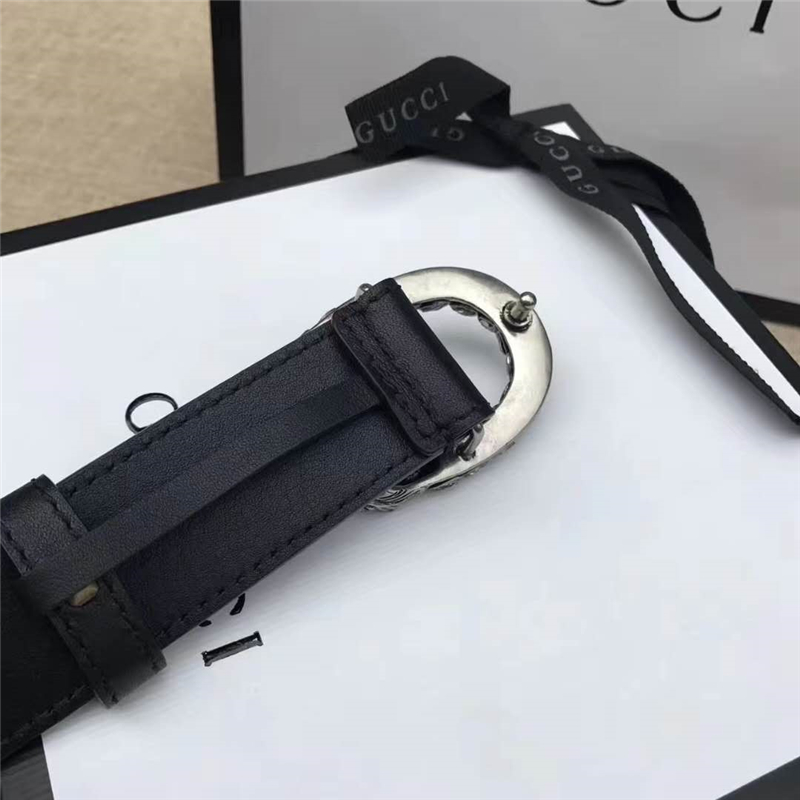 GUCCI 古馳 2017暢銷(xiāo)女款 雙面進(jìn)口平紋 頭層牛皮 龍頭花紋扣 黑帶白鉆銀扣
