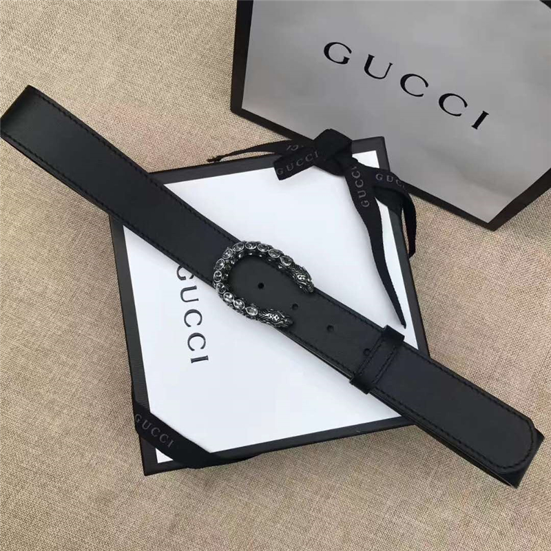 GUCCI 古馳 2017暢銷(xiāo)女款 雙面進(jìn)口平紋 頭層牛皮 龍頭花紋扣 黑帶白鉆銀扣
