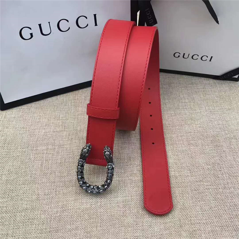 GUCCI 古馳 2017暢銷女款 雙面進口平紋 頭層牛皮 龍頭花紋扣 紅帶白鉆銀扣