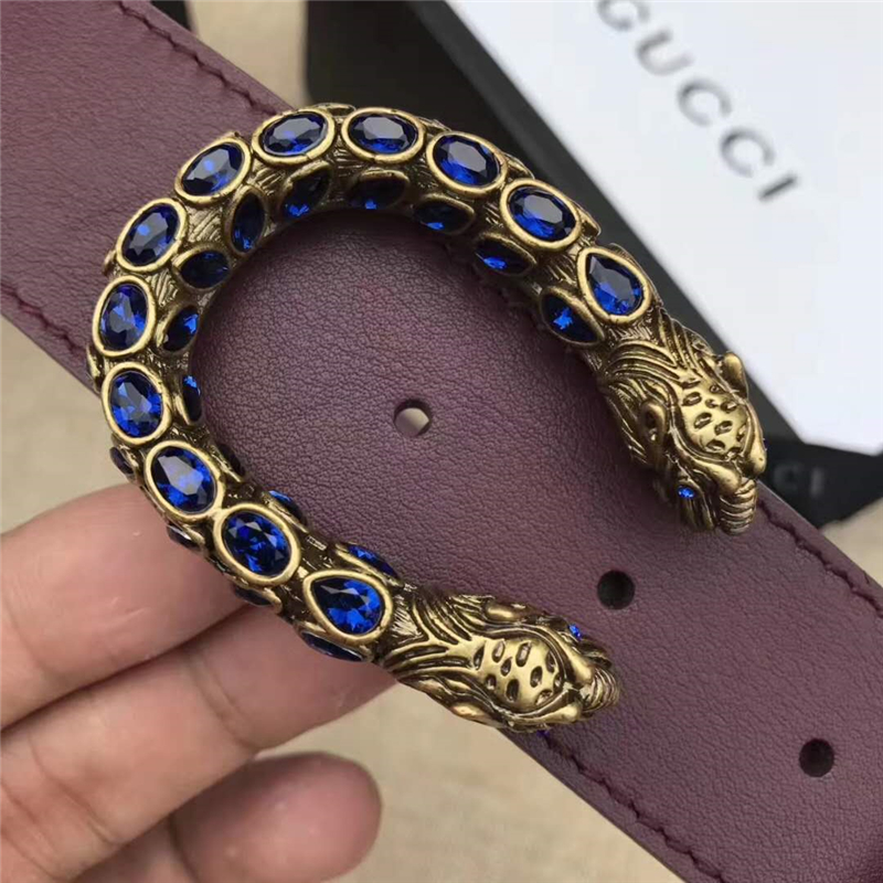 GUCCI 古馳 2017暢銷女款 雙面進(jìn)口平紋 頭層牛皮 龍頭花紋扣 啡帶藍(lán)鉆金扣