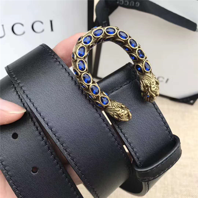 GUCCI 古馳 2017暢銷女款 雙面進口平紋 頭層牛皮 龍頭花紋扣 黑帶藍鉆金扣