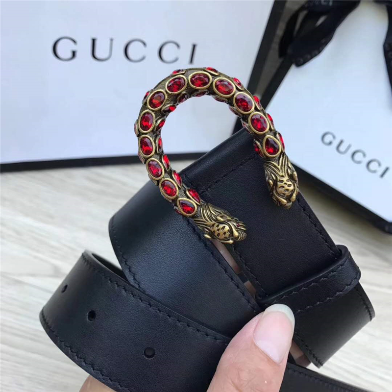 GUCCI 古馳 2017暢銷女款 雙面進口平紋 頭層牛皮 龍頭花紋扣 黑帶紅鉆金扣