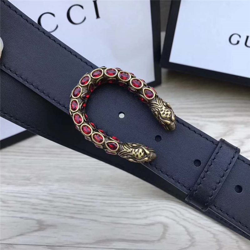 GUCCI 古馳 2017暢銷女款 雙面進口平紋 頭層牛皮 龍頭花紋扣 黑帶紅鉆金扣