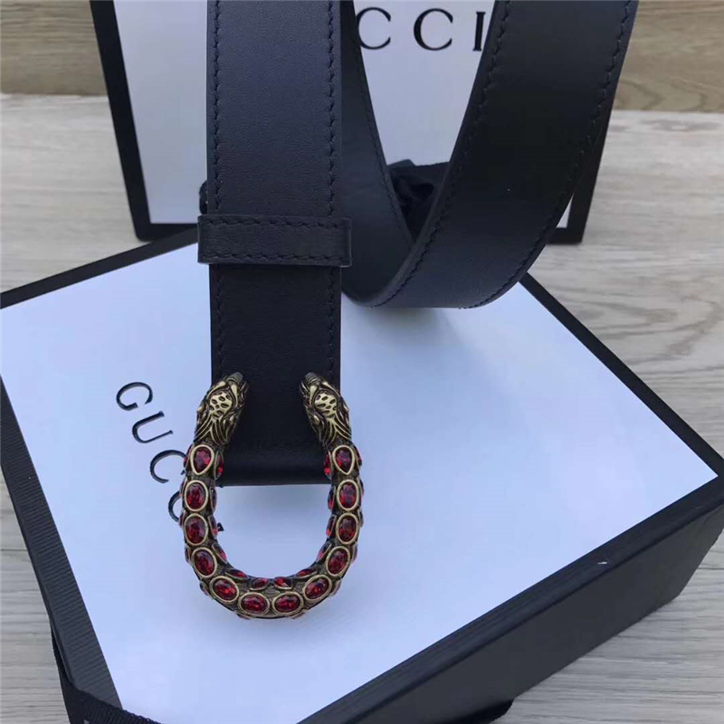 GUCCI 古馳 2017暢銷女款 雙面進口平紋 頭層牛皮 龍頭花紋扣 黑帶紅鉆金扣