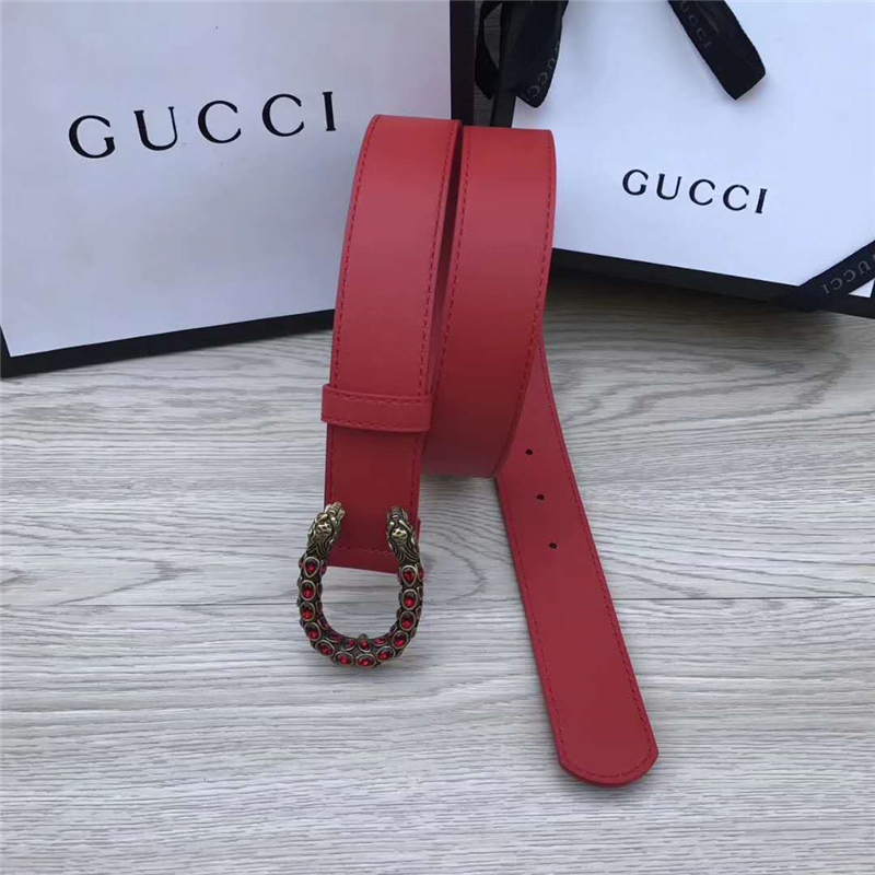 GUCCI 古馳 2017暢銷女款 雙面進口平紋 頭層牛皮 龍頭花紋扣 紅帶紅鉆金扣