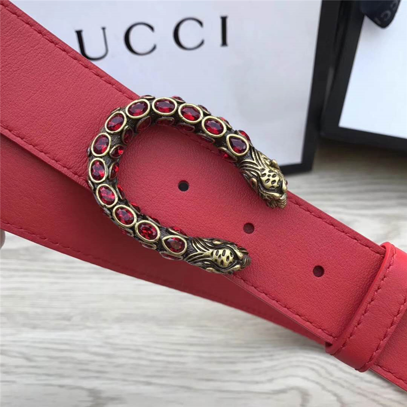 GUCCI 古馳 2017暢銷女款 雙面進口平紋 頭層牛皮 龍頭花紋扣 紅帶紅鉆金扣