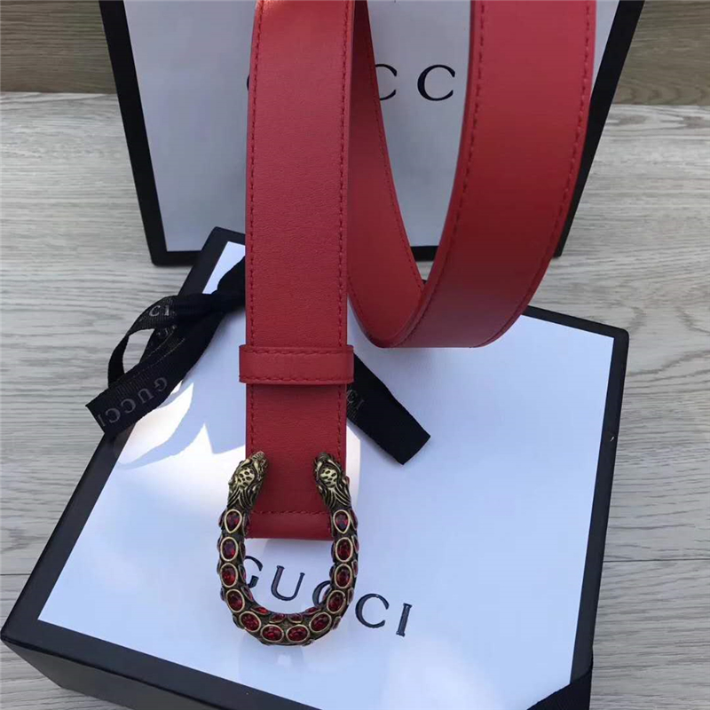 GUCCI 古馳 2017暢銷女款 雙面進口平紋 頭層牛皮 龍頭花紋扣 紅帶紅鉆金扣