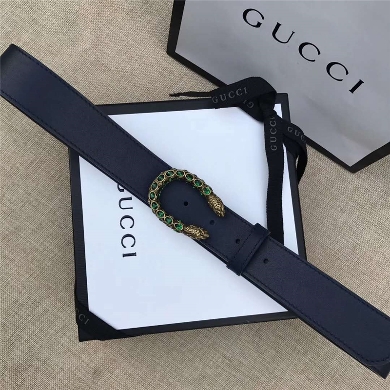 GUCCI 古馳 2017暢銷女款 雙面進口平紋 頭層牛皮 龍頭花紋扣 藍帶綠鉆金扣