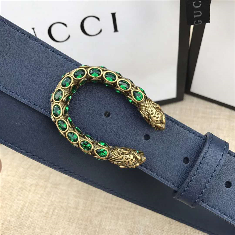 GUCCI 古馳 2017暢銷女款 雙面進口平紋 頭層牛皮 龍頭花紋扣 藍帶綠鉆金扣
