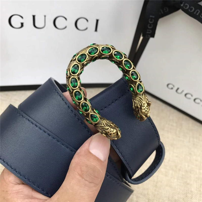 GUCCI 古馳 2017暢銷女款 雙面進口平紋 頭層牛皮 龍頭花紋扣 藍帶綠鉆金扣