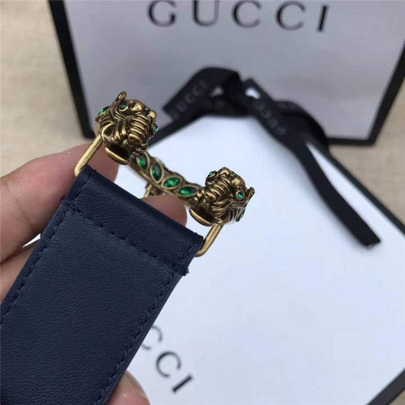 GUCCI 古馳 2017暢銷女款 雙面進口平紋 頭層牛皮 龍頭花紋扣 藍帶綠鉆金扣