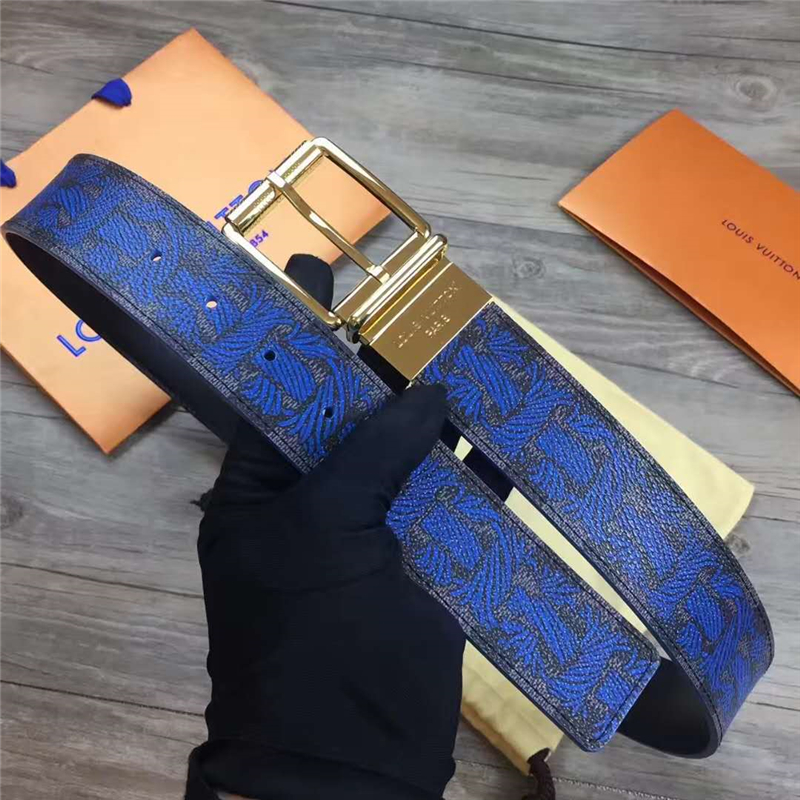 M9331 LV 路易威登 專柜經典款 麻繩印花 不銹鋼針扣 休閑皮帶 藍色