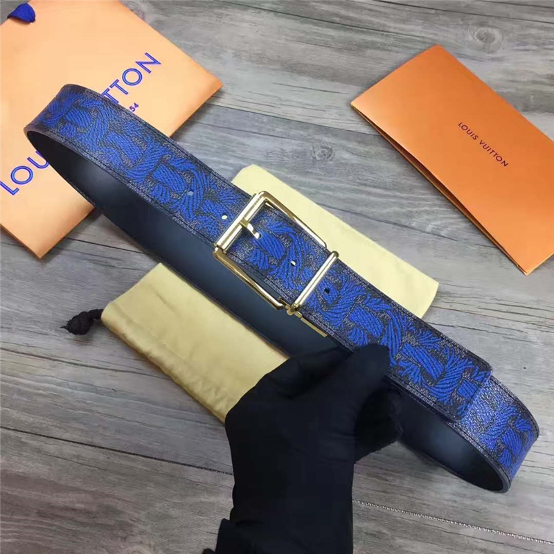 M9331 LV 路易威登 專柜經典款 麻繩印花 不銹鋼針扣 休閑皮帶 藍色