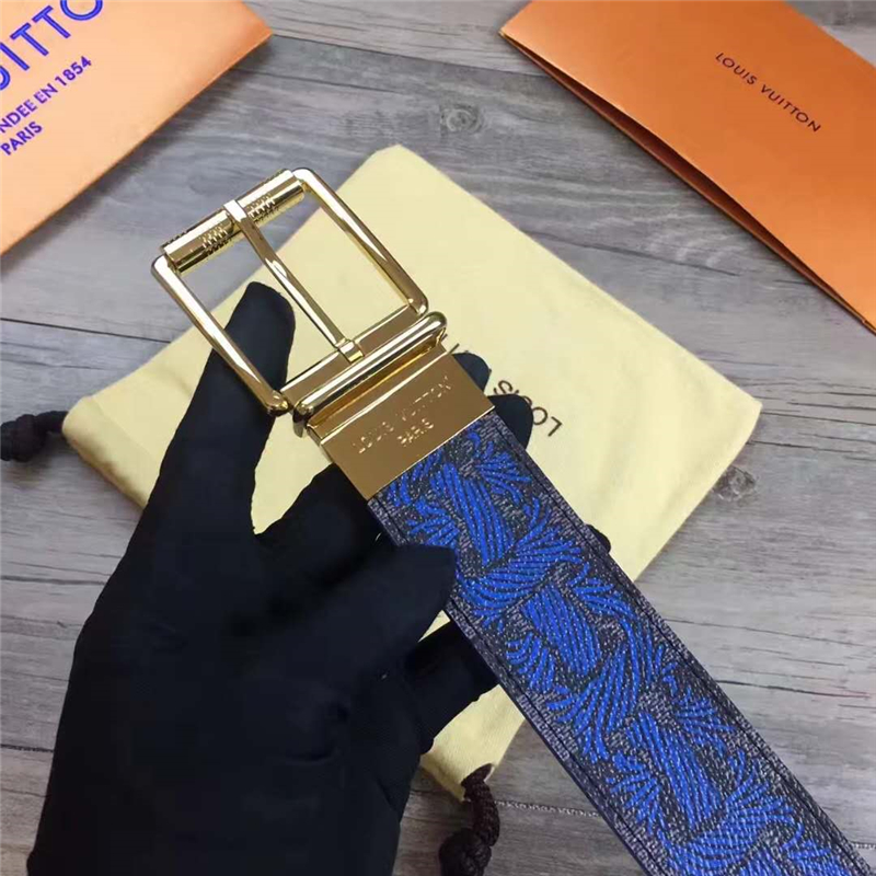 M9331 LV 路易威登 專柜經典款 麻繩印花 不銹鋼針扣 休閑皮帶 藍色