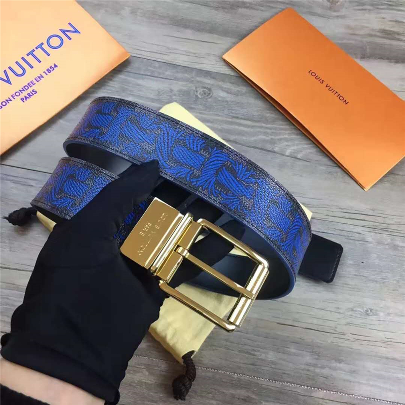 M9331 LV 路易威登 專柜經典款 麻繩印花 不銹鋼針扣 休閑皮帶 藍色