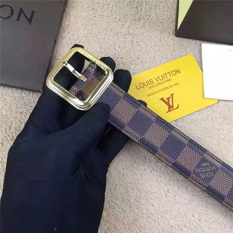 LV 路易威登 專柜新品 經典棋盤格 不銹鋼針扣 女士皮帶 啡色