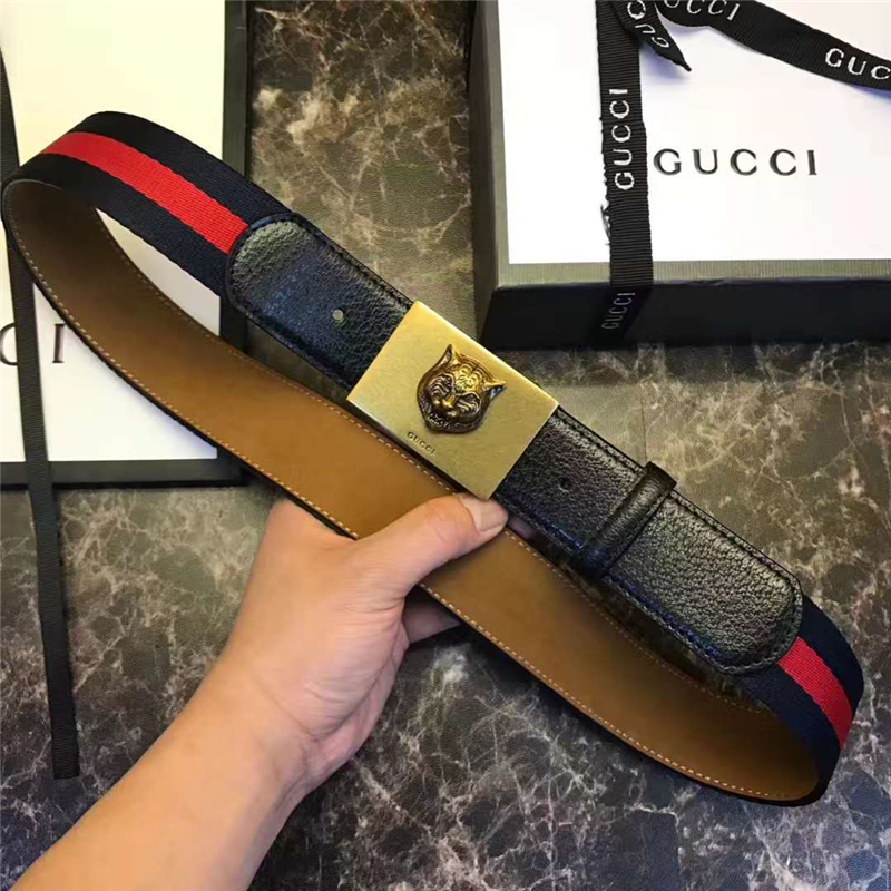 Gucci 古馳 爆款 織帶拼皮 虎頭圖案五金搭扣 男士腰帶 紅藍織帶黑皮