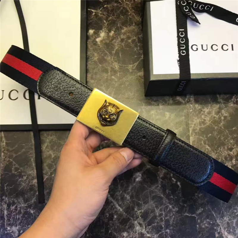Gucci 古馳 爆款 織帶拼皮 虎頭圖案五金搭扣 男士腰帶 紅藍織帶黑皮