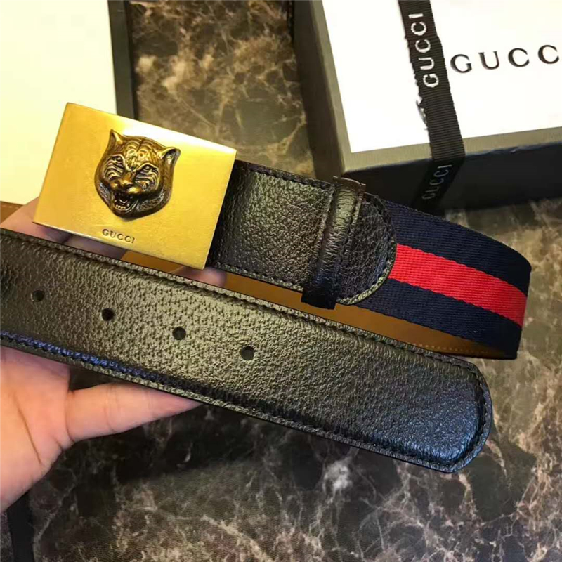 Gucci 古馳 爆款 織帶拼皮 虎頭圖案五金搭扣 男士腰帶 紅藍織帶黑皮