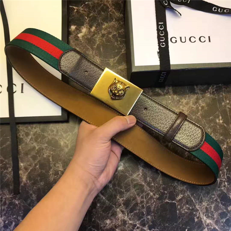 Gucci 古馳 爆款 織帶拼皮 虎頭圖案五金搭扣 男士腰帶 紅綠織帶褐皮
