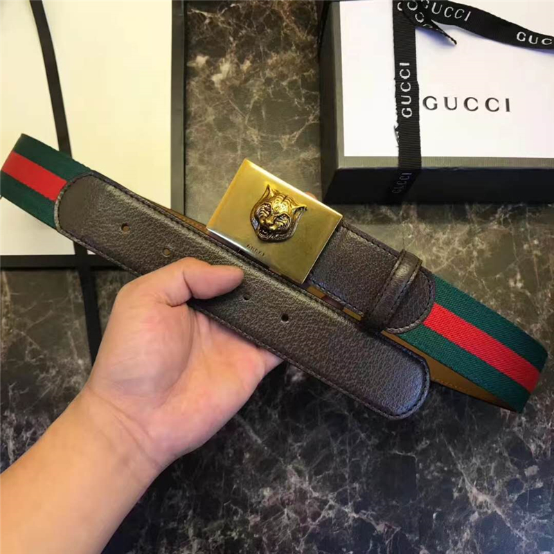 Gucci 古馳 爆款 織帶拼皮 虎頭圖案五金搭扣 男士腰帶 紅綠織帶褐皮
