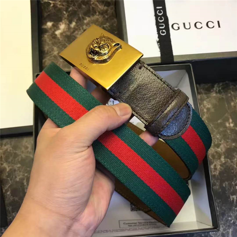 Gucci 古馳 爆款 織帶拼皮 虎頭圖案五金搭扣 男士腰帶 紅綠織帶褐皮