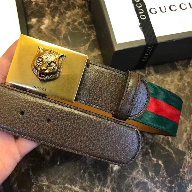 Gucci 古馳 爆款 織帶拼皮 虎頭圖案五金搭扣 男士腰帶 紅綠織帶褐皮