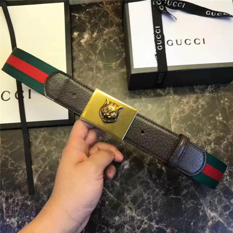 Gucci 古馳 爆款 織帶拼皮 虎頭圖案五金搭扣 男士腰帶 紅綠織帶褐皮