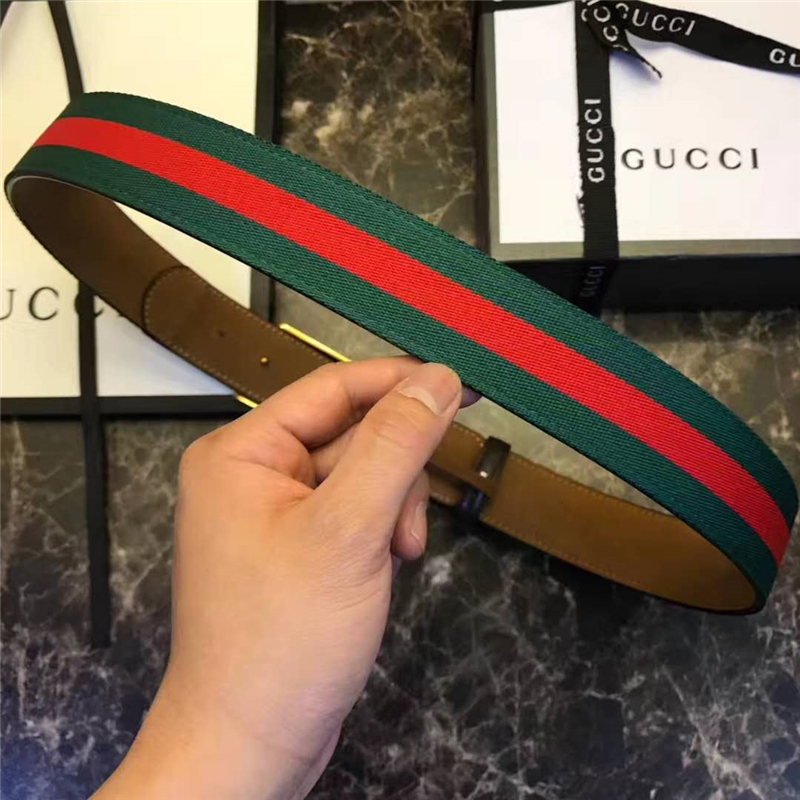 Gucci 古馳 爆款 織帶拼皮 虎頭圖案五金搭扣 男士腰帶 紅綠織帶褐皮