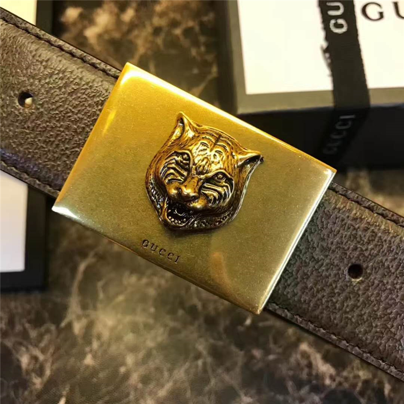Gucci 古馳 爆款 織帶拼皮 虎頭圖案五金搭扣 男士腰帶 紅綠織帶褐皮