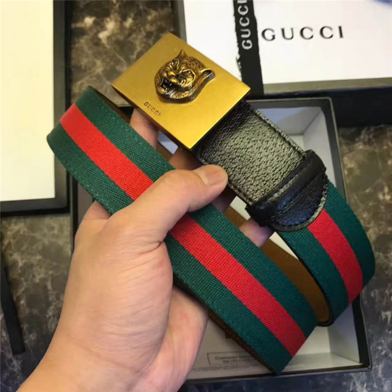 Gucci 古馳 爆款 織帶拼皮 虎頭圖案五金搭扣 男士腰帶 紅綠織帶黑皮