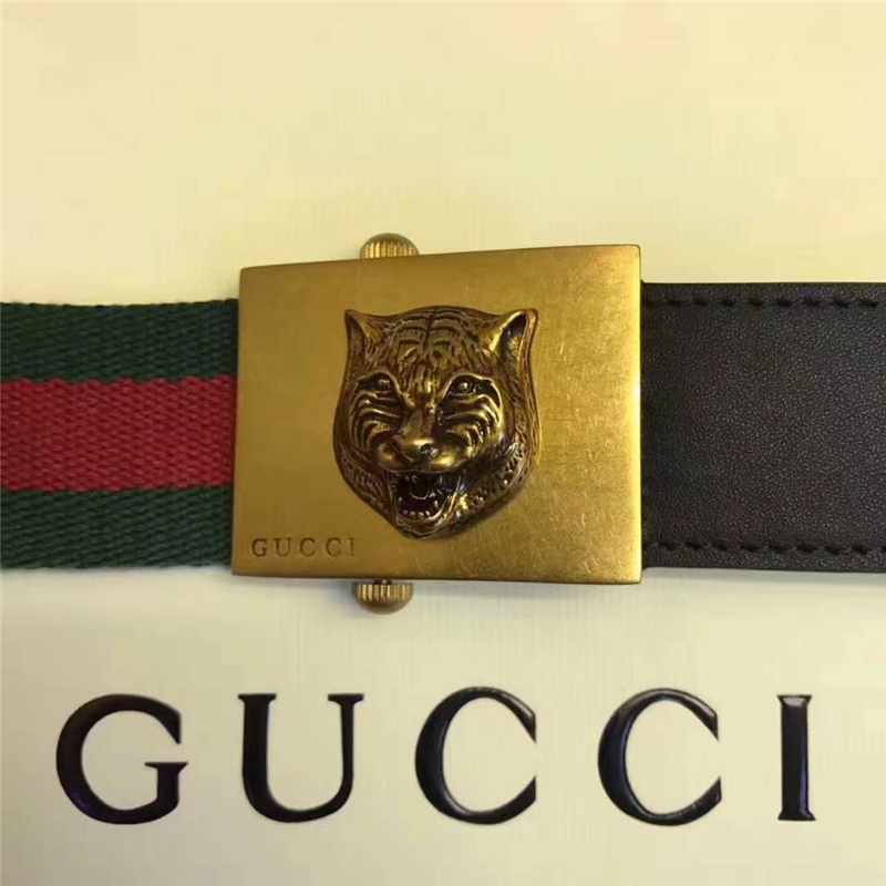 Gucci 古馳 官網(wǎng)同步爆款 織帶拼皮 男士腰帶 虎頭帶扣