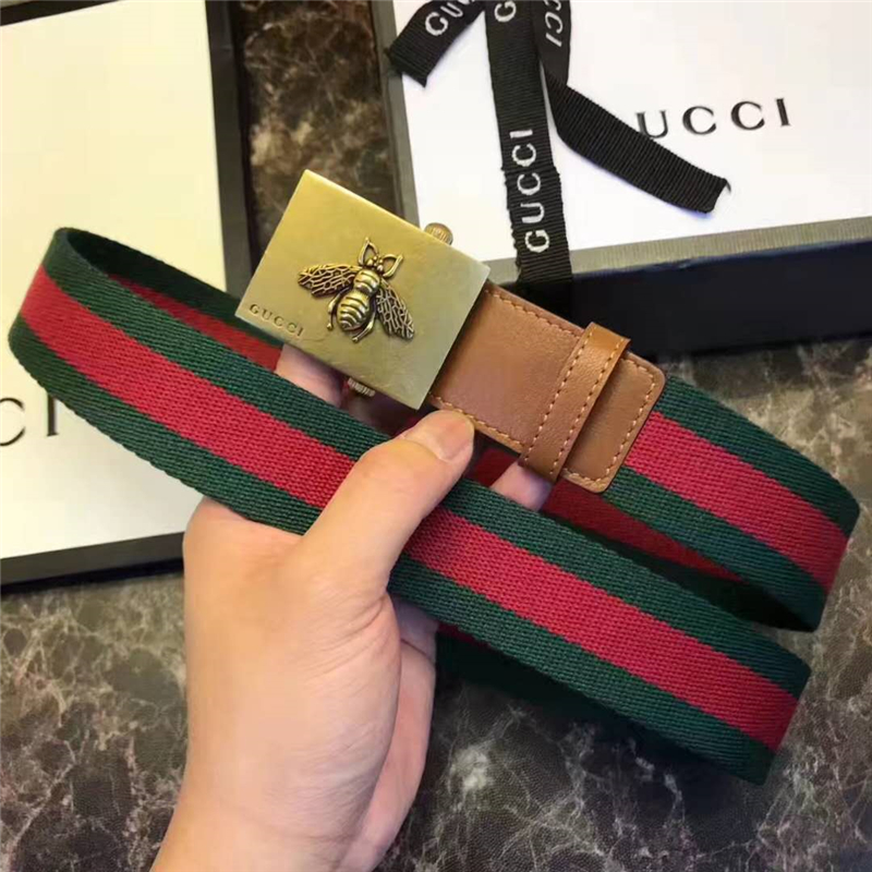 Gucci 古馳 官網同步爆款 織帶拼皮 男士腰帶 蜜蜂帶扣