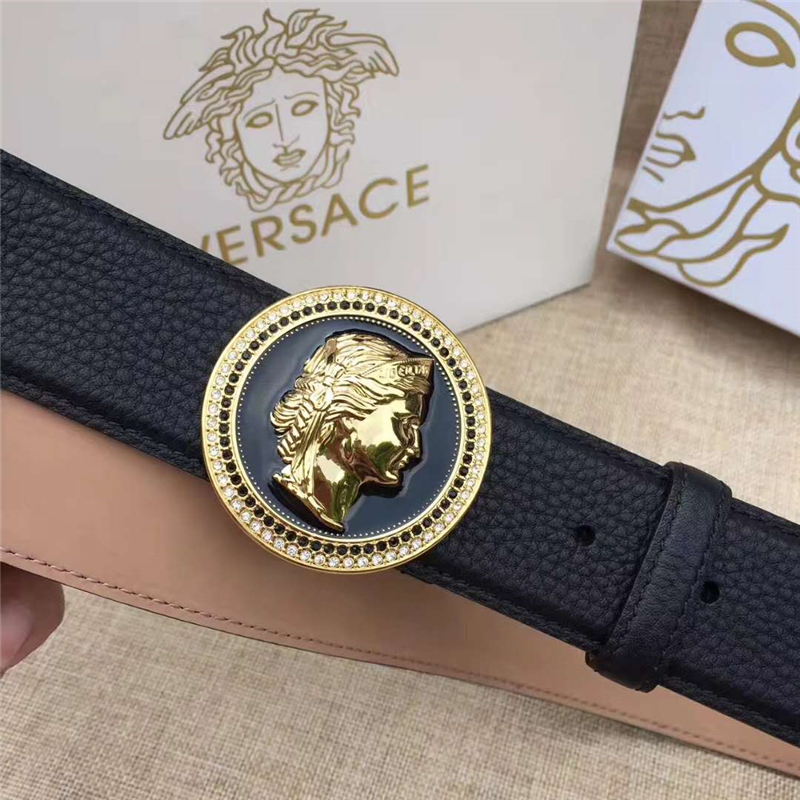 Versace 范思哲 2017新款皮帶 美杜莎側臉扣頭 黑白鉆 男士腰帶 金色扣