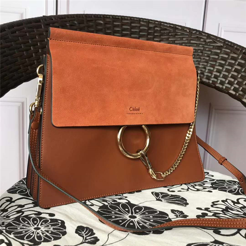 70652 Chloé Faye 珂洛伊 大號 牛皮配磨砂皮 圓環鏈條 單肩斜挎包 焦糖色