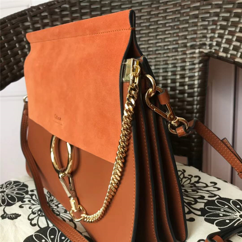 70652 Chloé Faye 珂洛伊 大號 牛皮配磨砂皮 圓環鏈條 單肩斜挎包 焦糖色