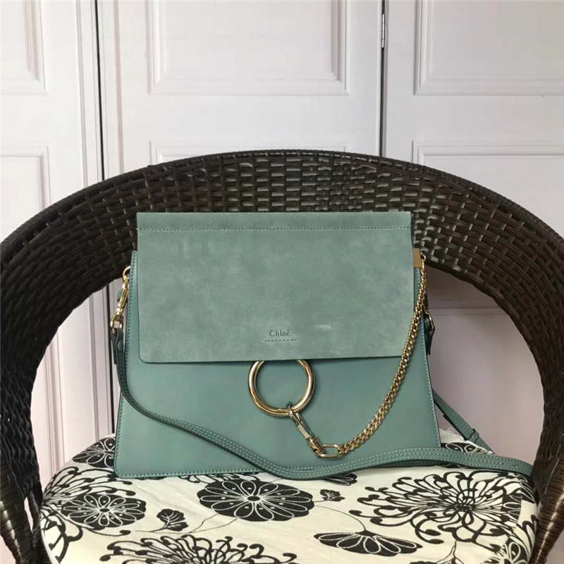 70652 Chloé Faye 珂洛伊 大號 牛皮配磨砂皮 圓環鏈條 單肩斜挎包 綠色
