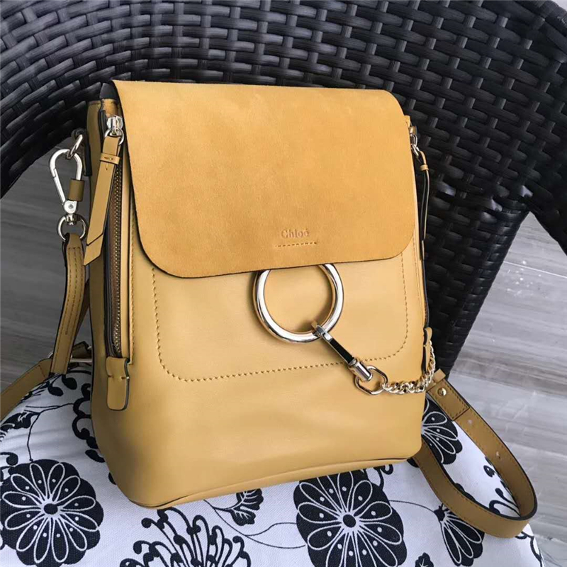 Chloe 珂洛伊 Faye backpack 牛皮配磨砂皮 圓環鏈條 大號雙肩包 姜黃色