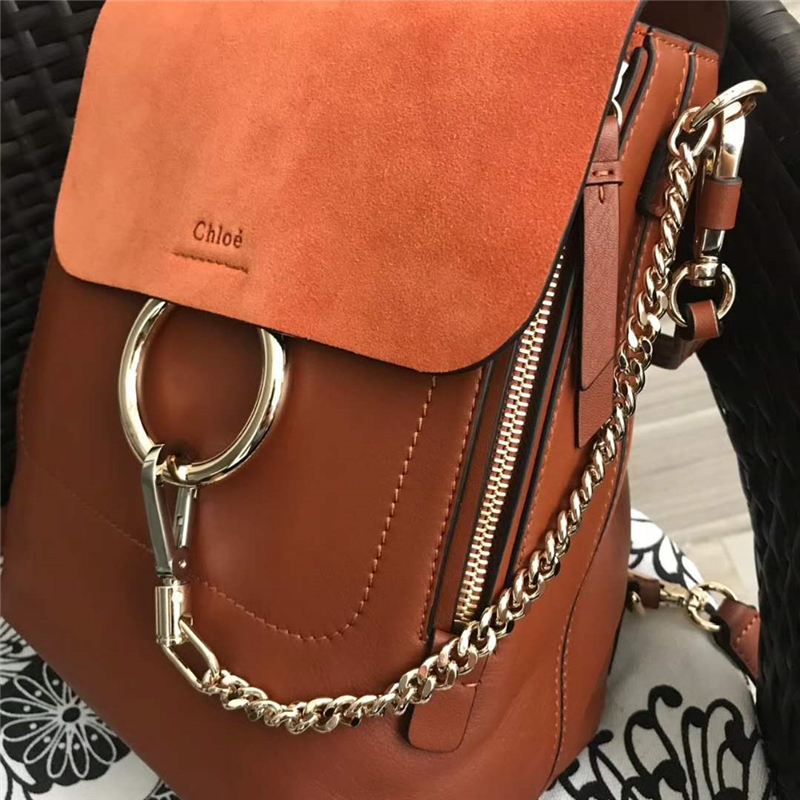 Chloe 珂洛伊 Faye backpack 牛皮配磨砂皮 圓環鏈條 大號雙肩包 棕色