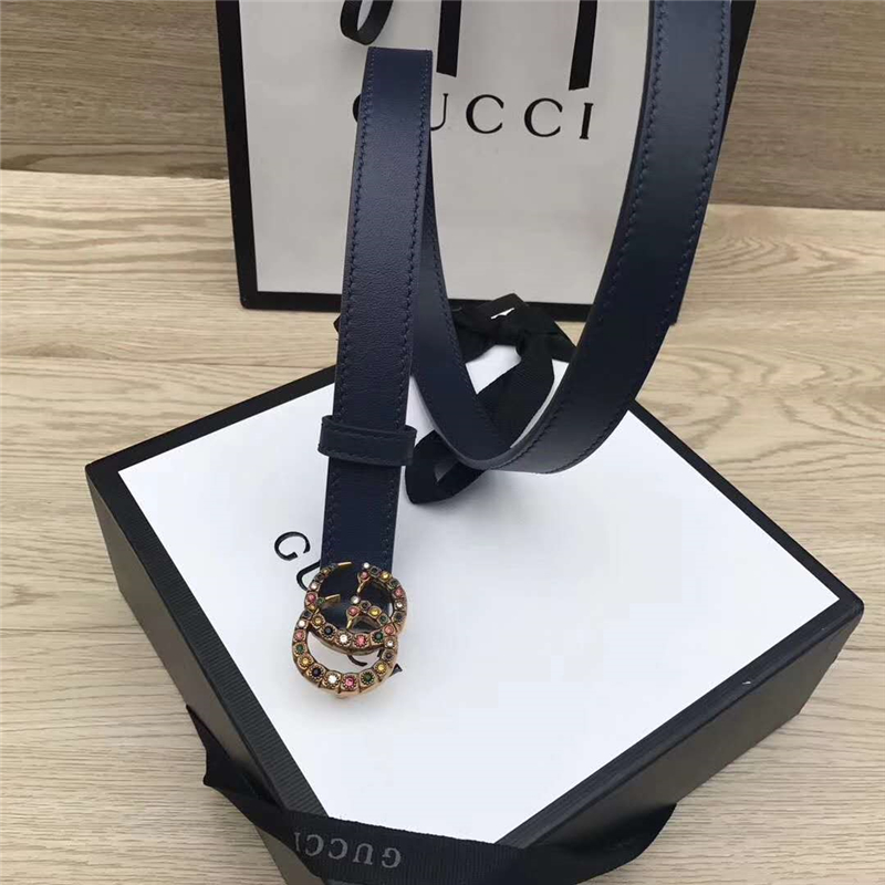 GUCCI皮帶 頭層牛皮 七彩水晶古銅扣 GUCCI腰帶 女士皮帶 藍色