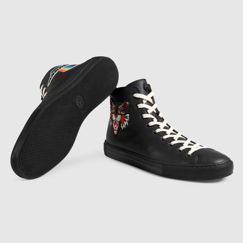 478180 GUCCI 刺繡貼花裝飾 皮革 男鞋 高幫運(yùn)動(dòng)鞋 黑色