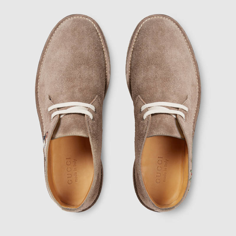 473023 GUCCI 貓頭鷹UFO 刺繡貼花 牛津橡膠鞋底 麂皮裸靴 灰褐色