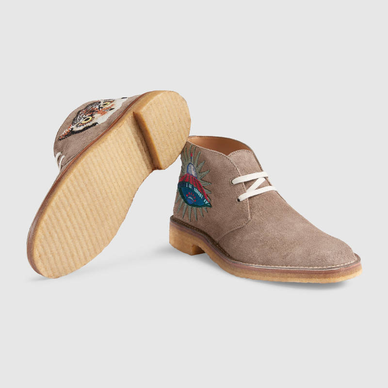 473023 GUCCI 貓頭鷹UFO 刺繡貼花 牛津橡膠鞋底 麂皮裸靴 灰褐色