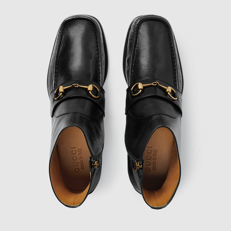 472759 GUCCI 馬銜扣 金色蜜蜂刺繡 方頭 皮革及踝靴 黑色