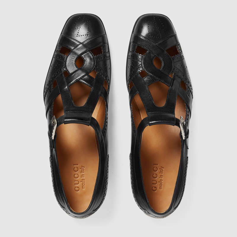 483976 GUCCI 踝帶 閃亮皮革 禮服鞋 荷葉邊漆皮鞋 黑色