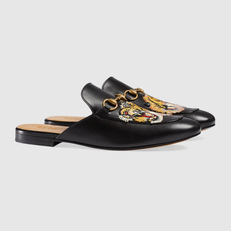 457135 GUCCI Princetown 系列 老虎刺繡 男士拖鞋 黑色