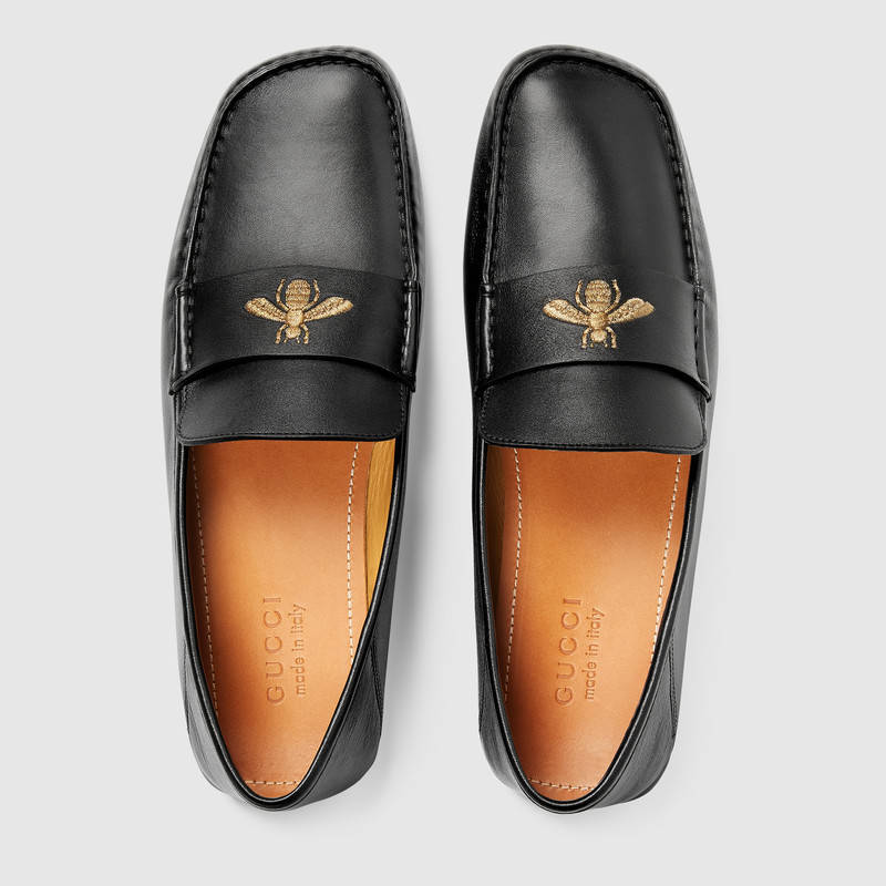 473769 GUCCI 絲線刺繡蜜蜂裝飾 真皮軟皮 駕車鞋 黑色